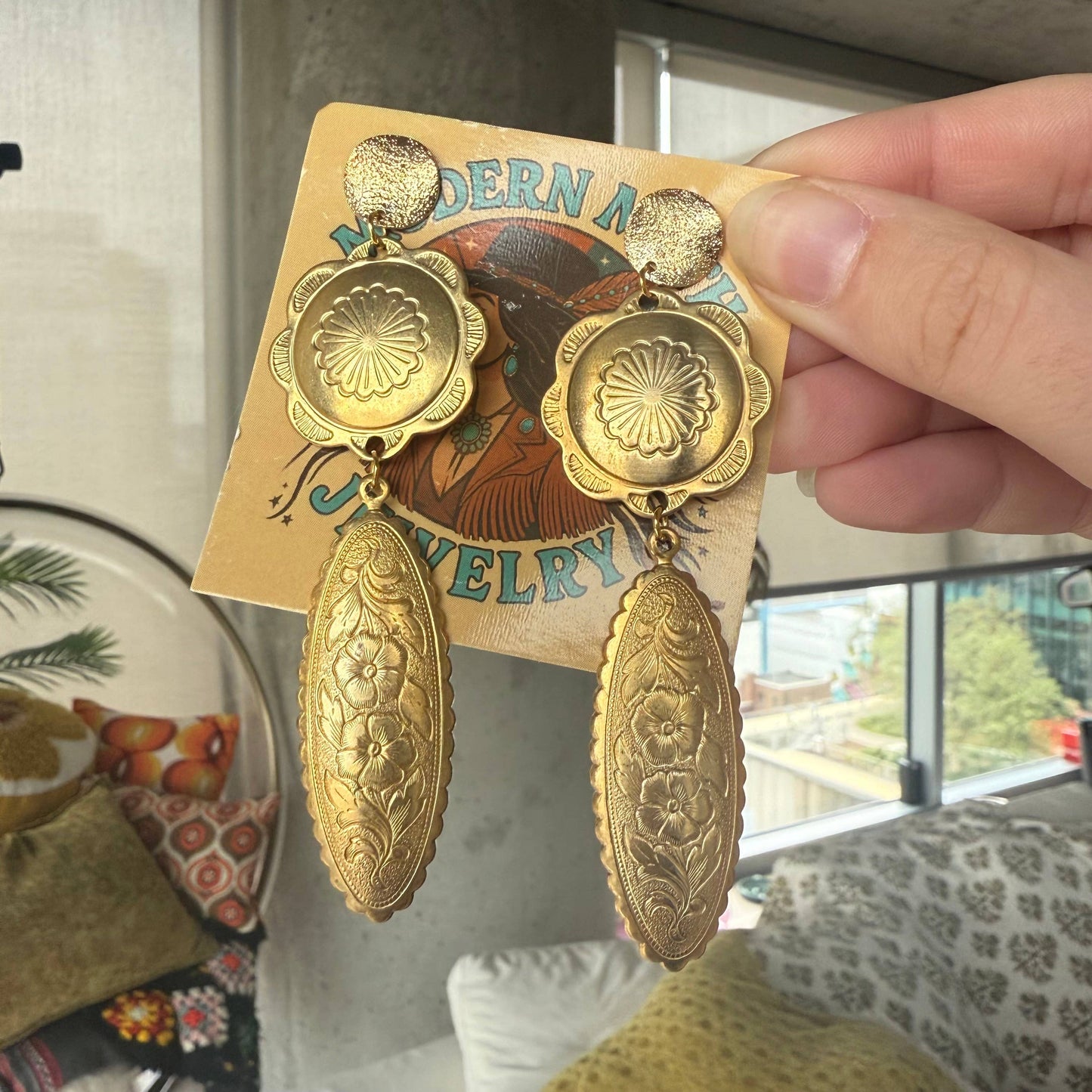Decorative Brass Concho Earrings Lainey Wilson