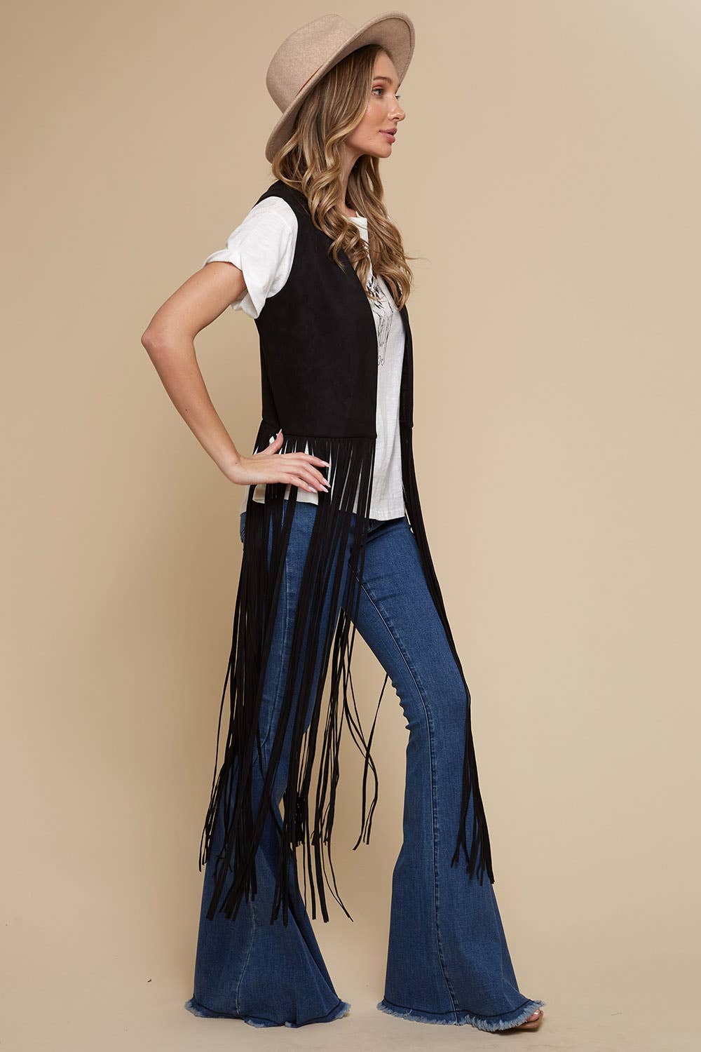 Black Long Fringe Faux Suede Western Vest