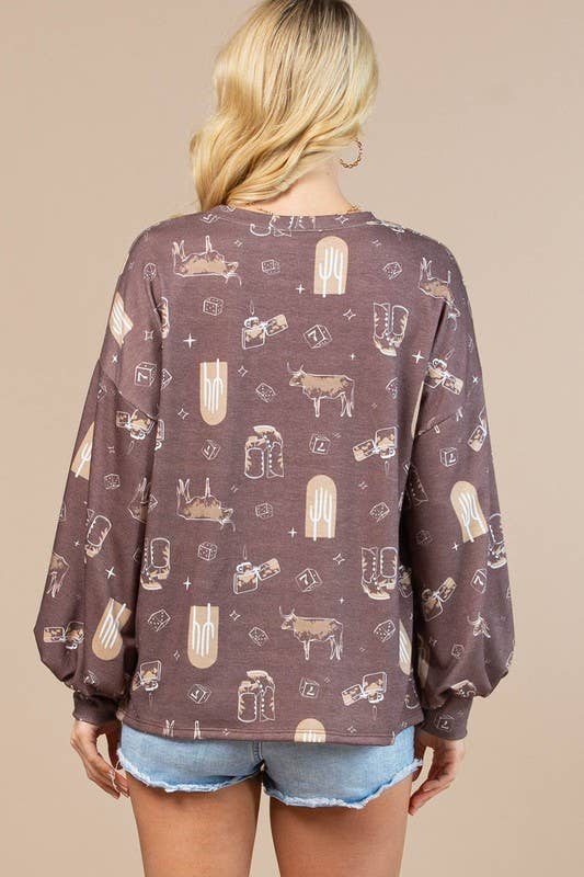 Western Print Long Sleeve Sweatshirt for Cowgirls