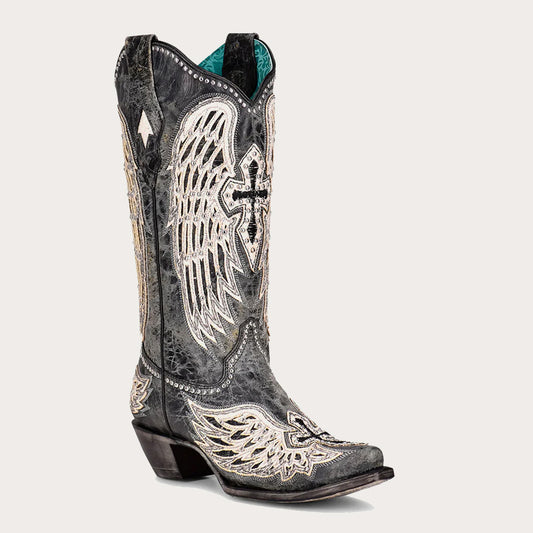 Black Cross & Wings Studs Overlay Western Boot - Corral Boots at Bourbon Cowgirl