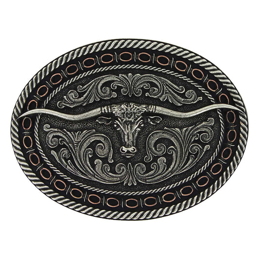 Two Tone Antiqued Round Barbed Longhorn Attitude Buckle by Montana Silversmiths