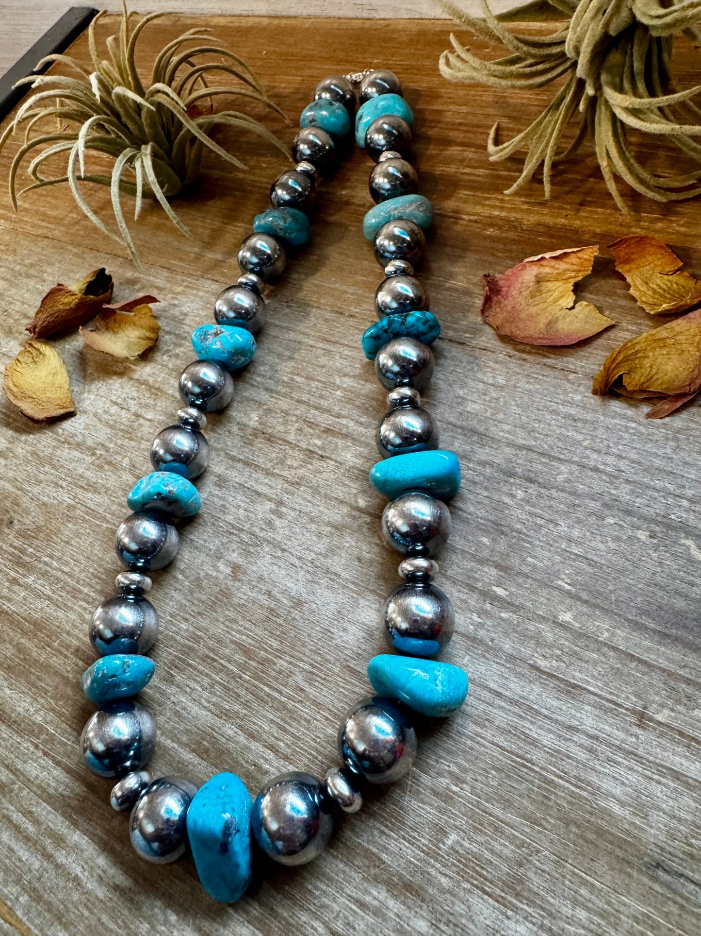 Turquoise Nugget & Sterling Silver Pearl Necklace – 21"