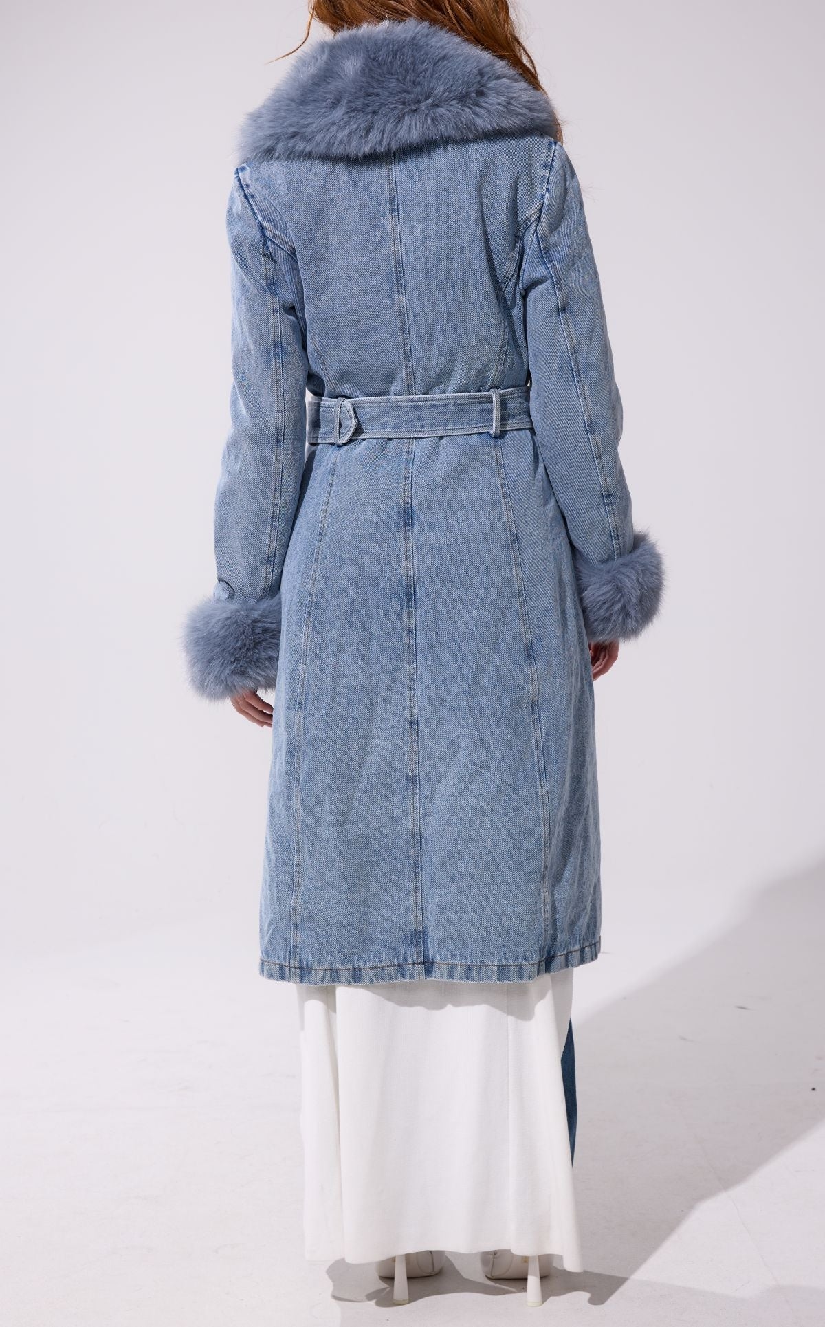 Kaya Denim Faux Fur Trench Coat