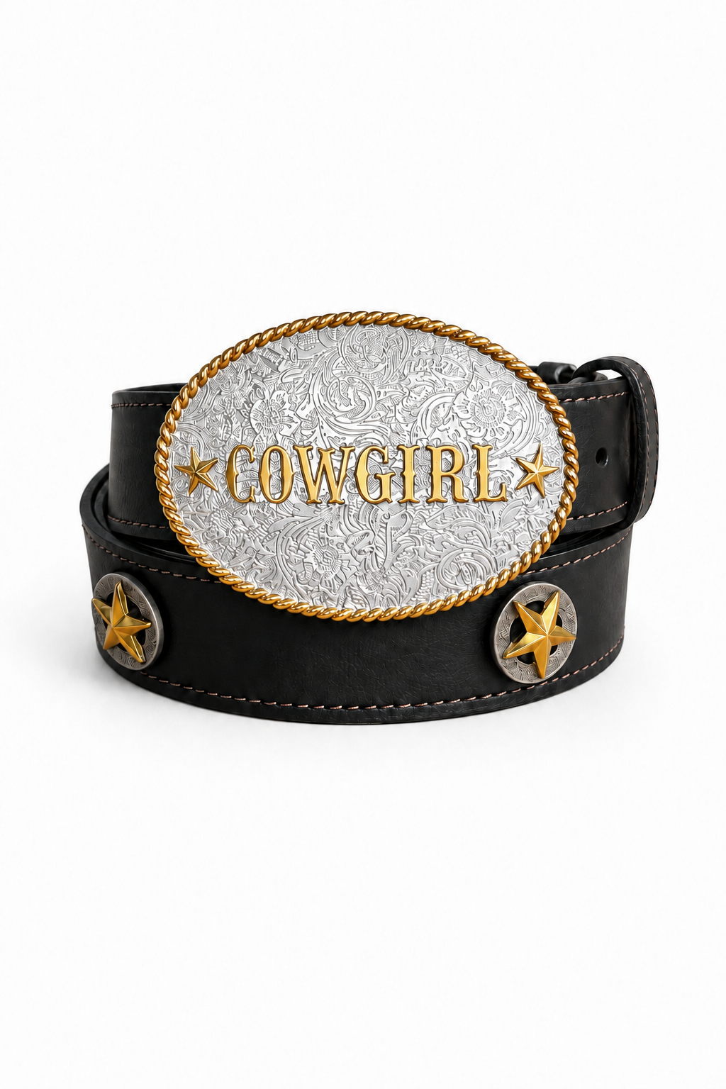 Annie Leather Belt with Cowgirl Buckle & Star Conchos in Black - Bourbon Cowgirl Exclusive
