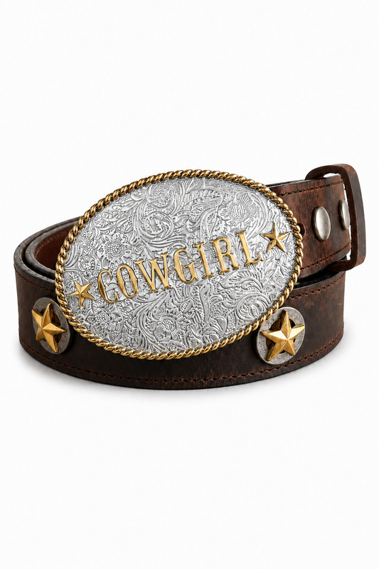 Annie Leather Belt with Cowgirl Buckle & Star Conchos in Brown - Bourbon Cowgirl Exclusive