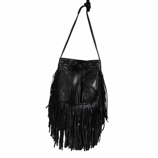 Black Fringe Leather Handbag with Tassels Cognac Purse at Bourbon Cowgirl
