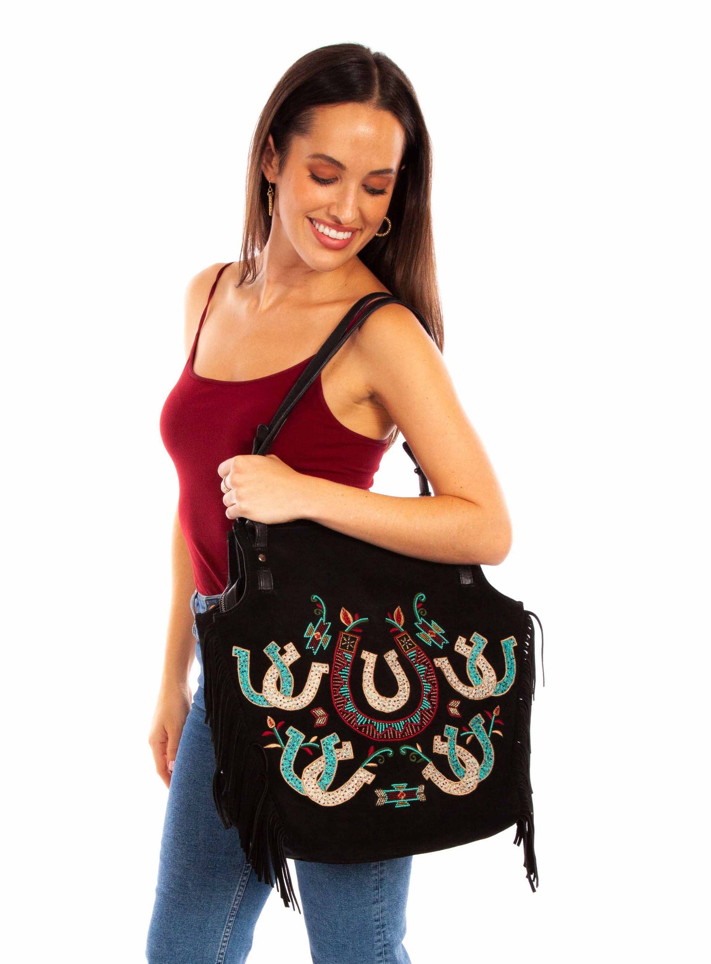 Large Black Fringe Suede Handbag Embroidered Tote at Bourbon Cowgirl