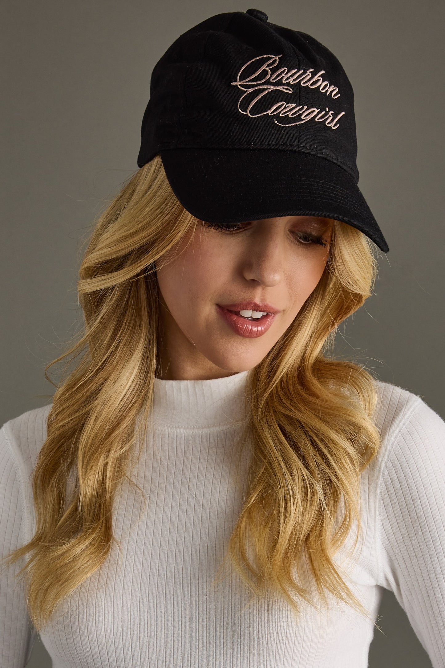 Bourbon Cowgirl Script Embroidered Baseball Hat - Black