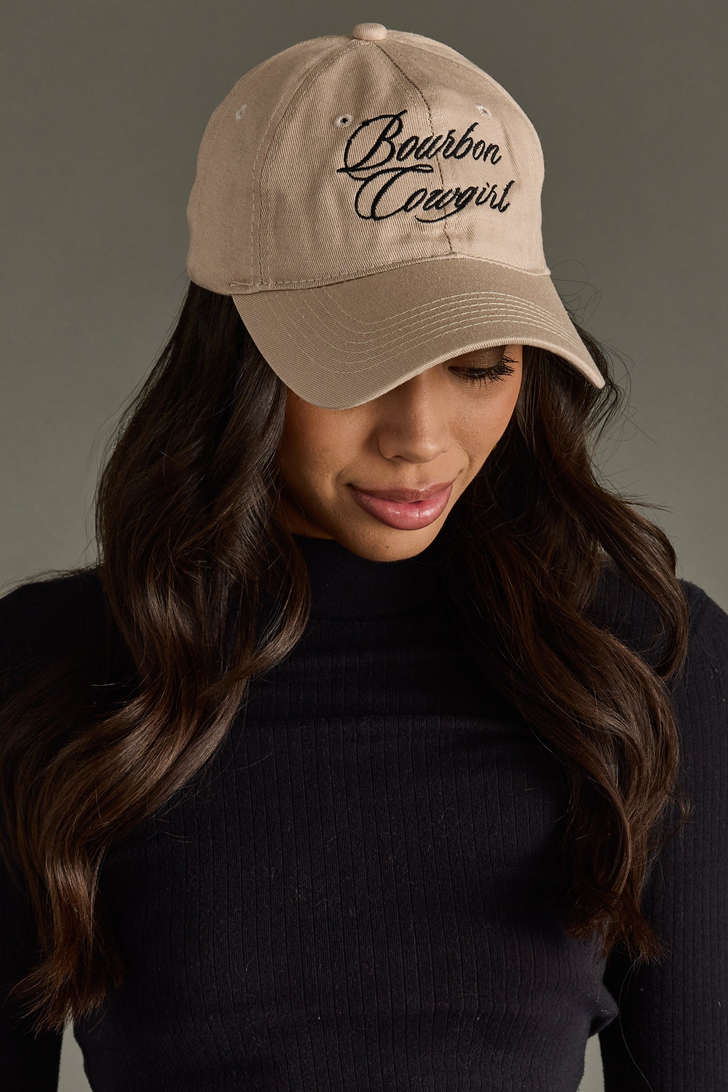 Bourbon Cowgirl Script Embroidered Baseball Hat -Tan
