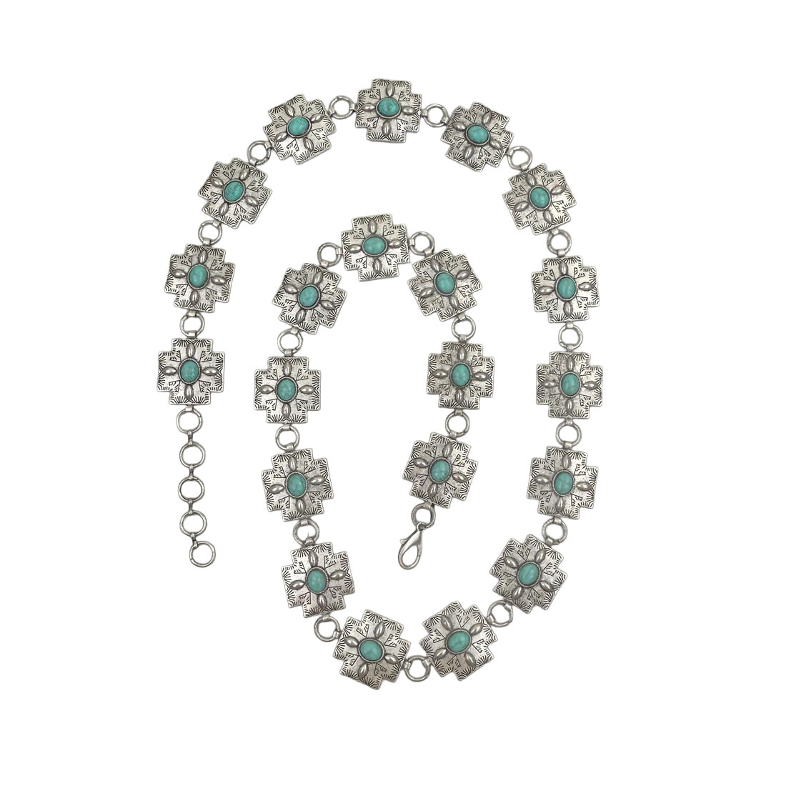 Blue Turquoise Silver Cross Chain Link Western Belt for Cowgirls