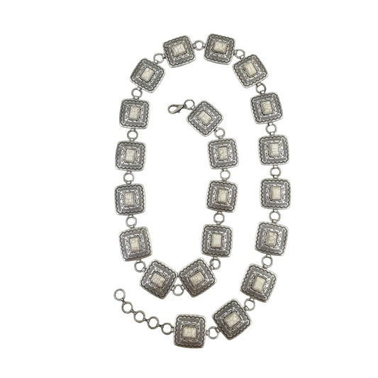 White Stone & Silver Square Chain Link Western Belt for Cowgirls