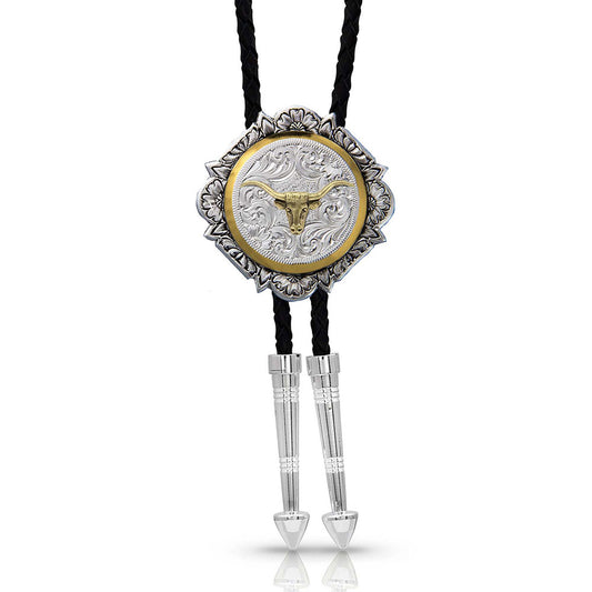 Silver and Gold Engraved Button Bolo Tie - Montana Silversmiths