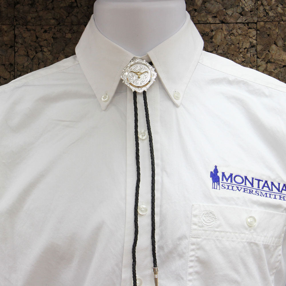 Silver and Gold Engraved Button Bolo Tie - Montana Silversmiths