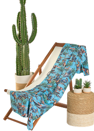 Beach towel on a deck chair with cactus and plants