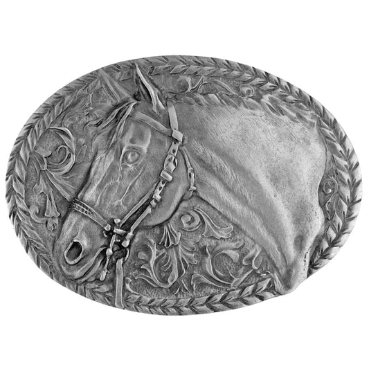 Horsehead and Filigree Belt Buckle Pewter - Bourbon Cowgirl