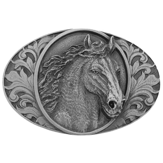 Horsehead and Western Scrolls Belt Buckle Pewter - Bourbon Cowgirl