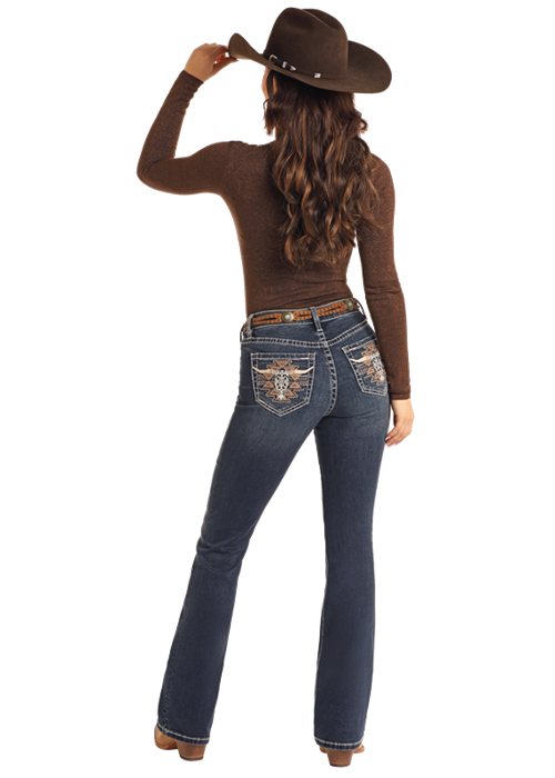 Steer Head Embroidered Mid Rise Boot Cut Rock & Roll Denim Jeans for Women