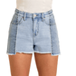 Light wash denim shorts with side panel detail.