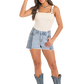 Woman in denim shorts, cowboy boots, and hat. BW68D08503