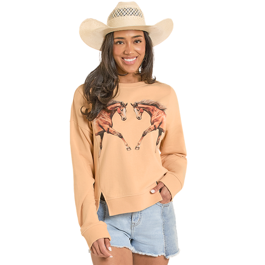 Woman in cowboy hat and horse sweatshirt