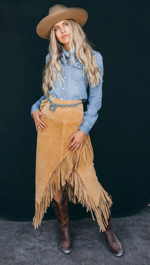 Long Suede Fringe Skirt by Scully in Old Rust