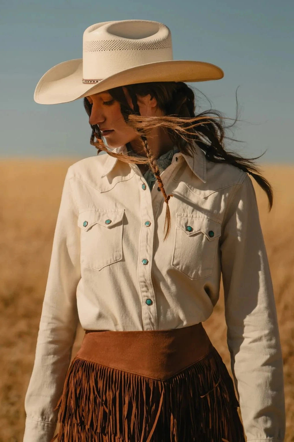 Turquoise Snap Western Denim Shirt in Cream by Stetson