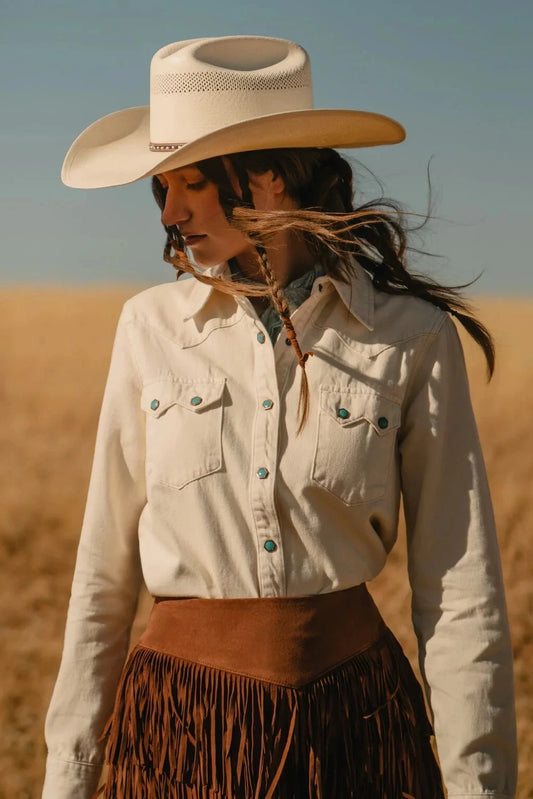 Turquoise Snap Western Denim Shirt in Cream by Stetson