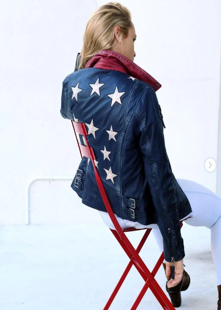 Christy Star Leather Jacket by Mauritius in Americana Blue