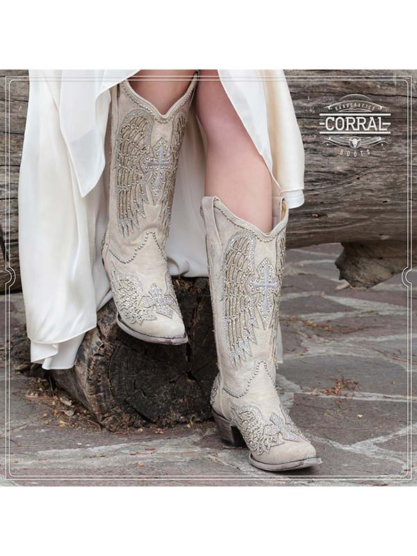 Wing & Cross Studded White Wedding Boots - Corral Boots at Bourbon Cowgirl