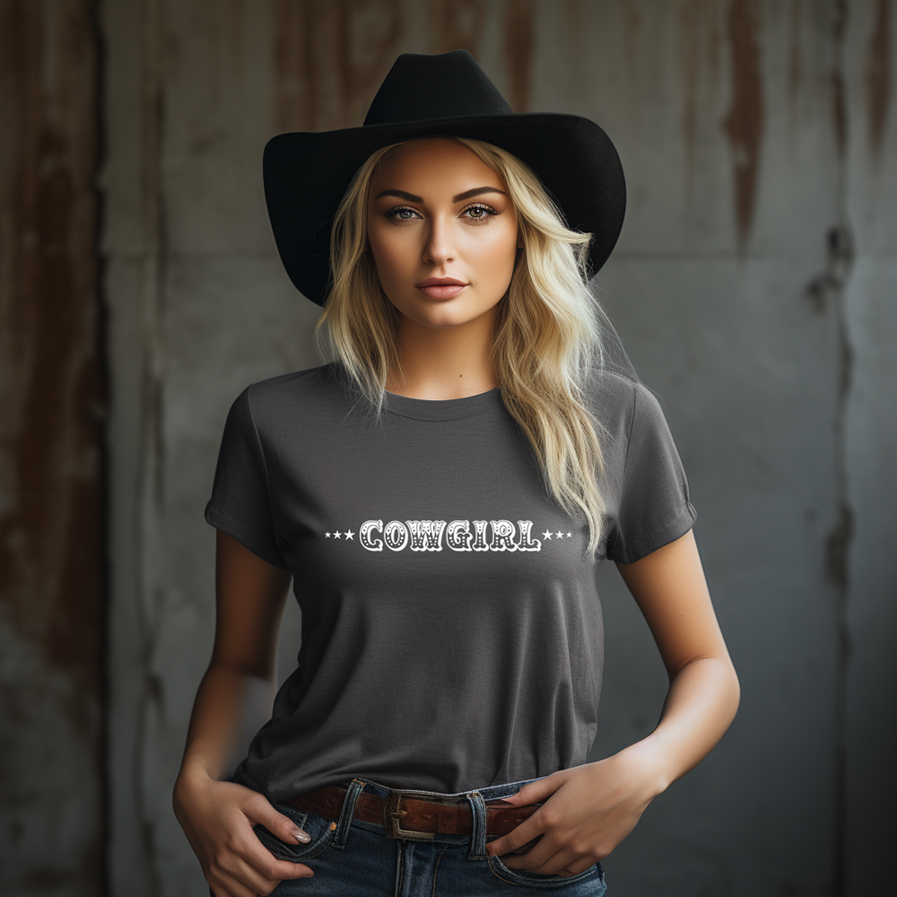 Cowgirl with Sheriff Stars Graphic Tee Shirt - Bourbon Cowgirl