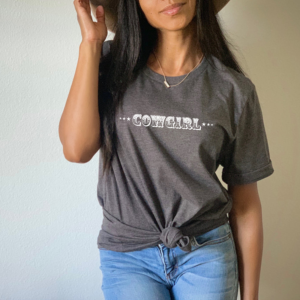 Cowgirl with Sheriff Stars Graphic Tee Shirt - Bourbon Cowgirl