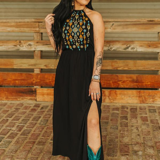 Black Aztec Embroidered Halter Spaghetti Strap Maxi Dress W Slit