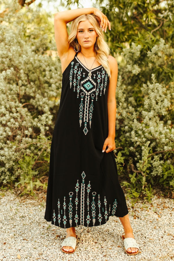 Black Spaghetti Strap Aztec Embroidered Dress at Bourbon Cowgirl