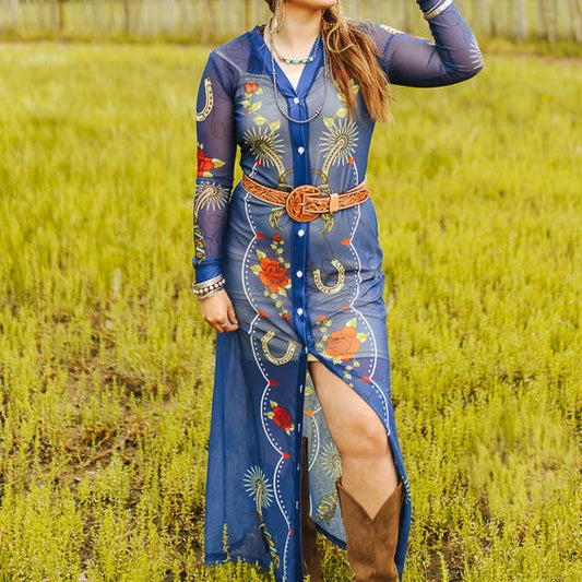 Denim Blue Floral Spur Printed Mesh Button Down Maxi Duster at Bourbon Cowgirl