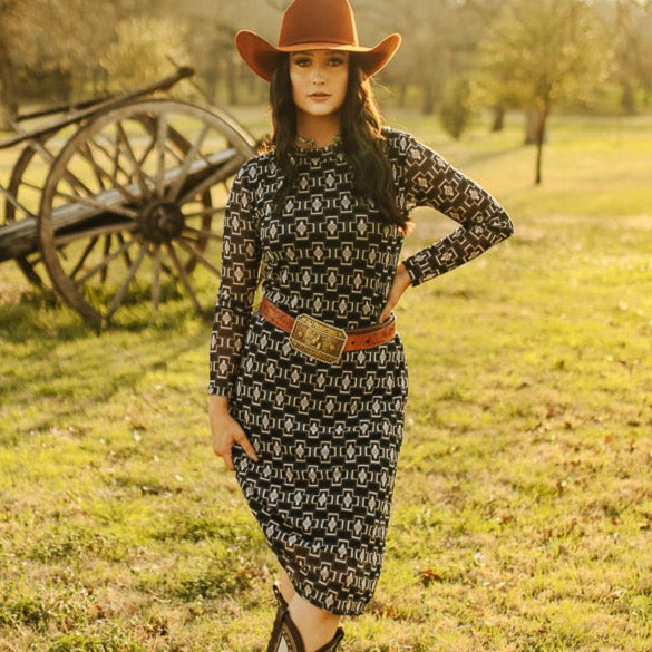 Black Aztec Mesh Long Sleeve Lined Dress Bourbon Cowgirl