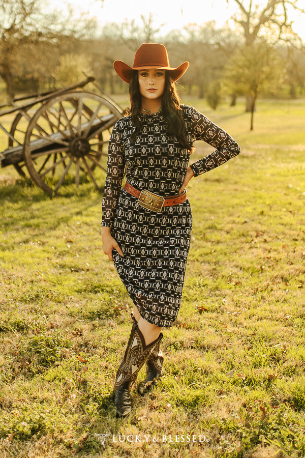 Black Aztec Mesh Long Sleeve Lined Dress Bourbon Cowgirl