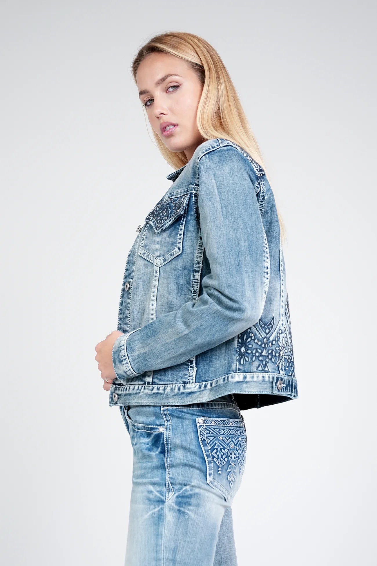 Aztec 3D Printing Embroidered Stretch Denim Jacket at Bourbon Cowgirl