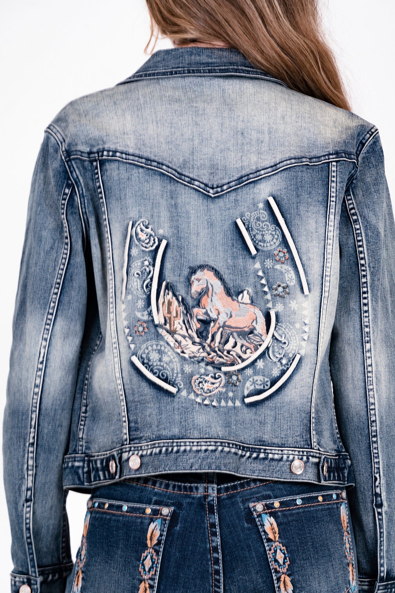 Horse Shoe & Horse Embroidered Stretch Denim Jacket at Bourbon Cowgirl