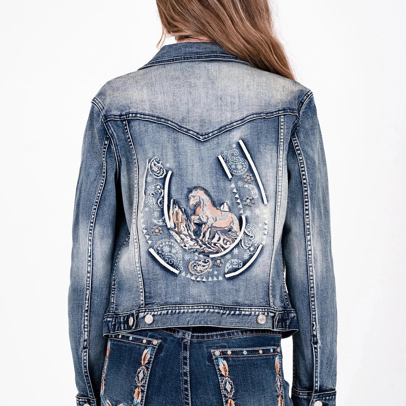 Horse Shoe & Horse Embroidered Stretch Denim Jacket at Bourbon Cowgirl