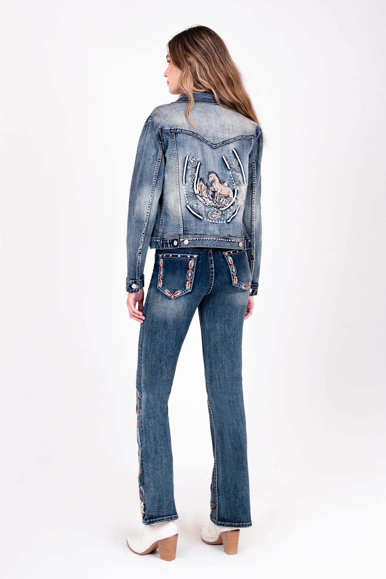 Horse Shoe & Horse Embroidered Stretch Denim Jacket at Bourbon Cowgirl