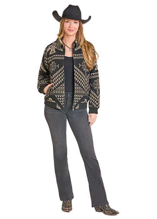 Woman wearing DW92C06830 Aztec print jacket and jeans