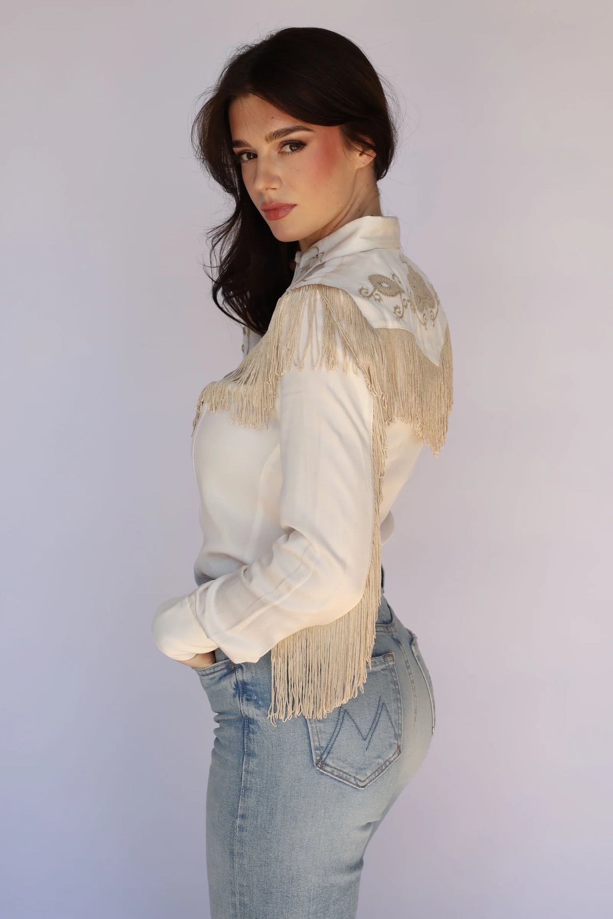 H Bar C Taos Women's Fringe Shirt in White