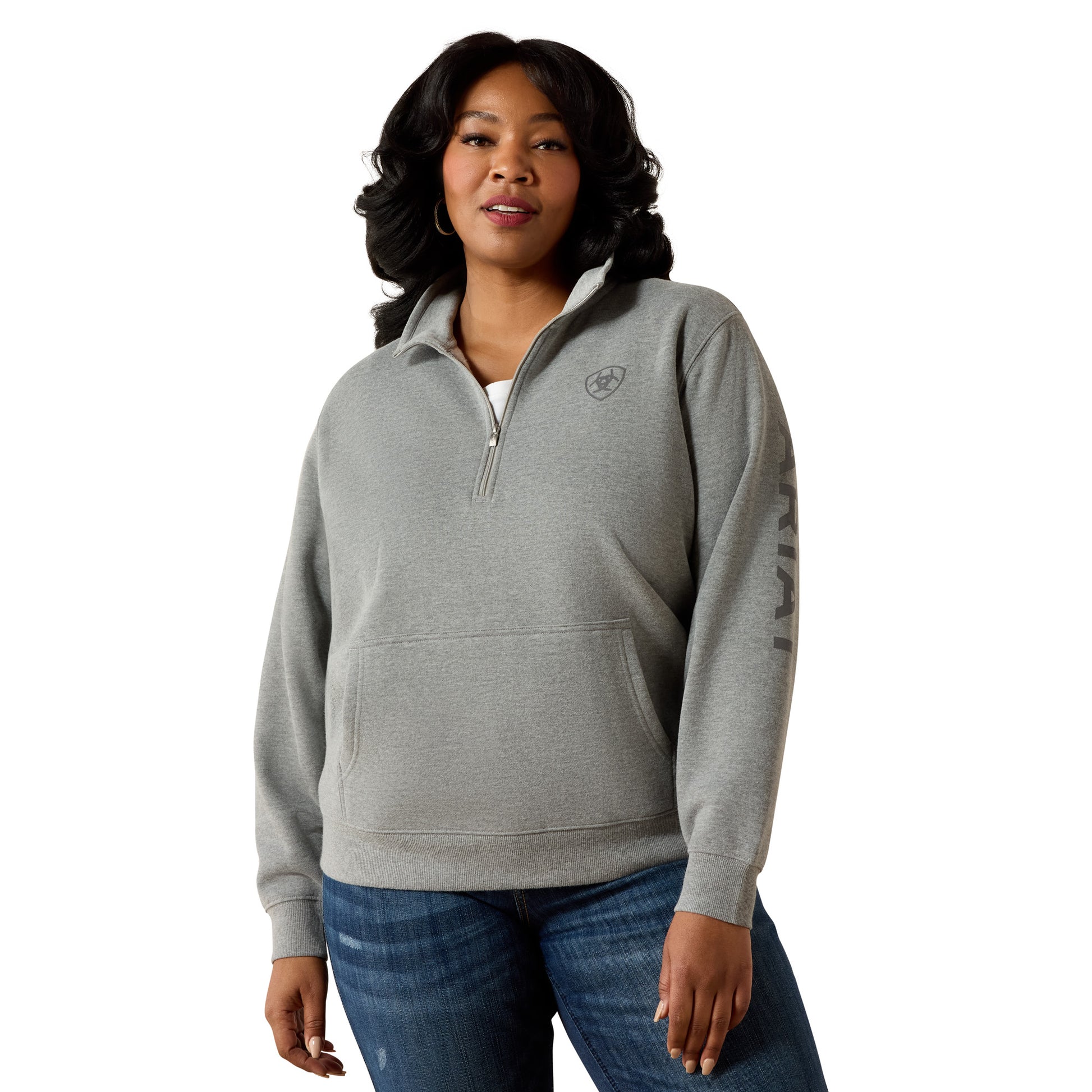 Ariat WMS West grey plus-size quarter-zip sweatshirt front view