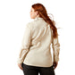 Woman wearing cream-colored western shirt, back view