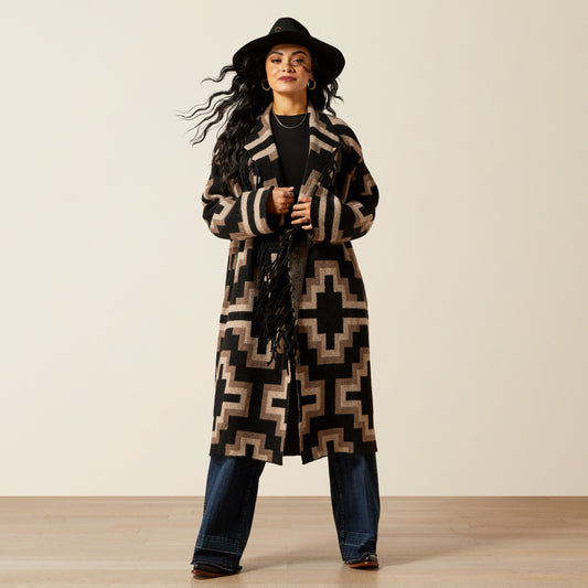 Woman in warm patterned coat and hat