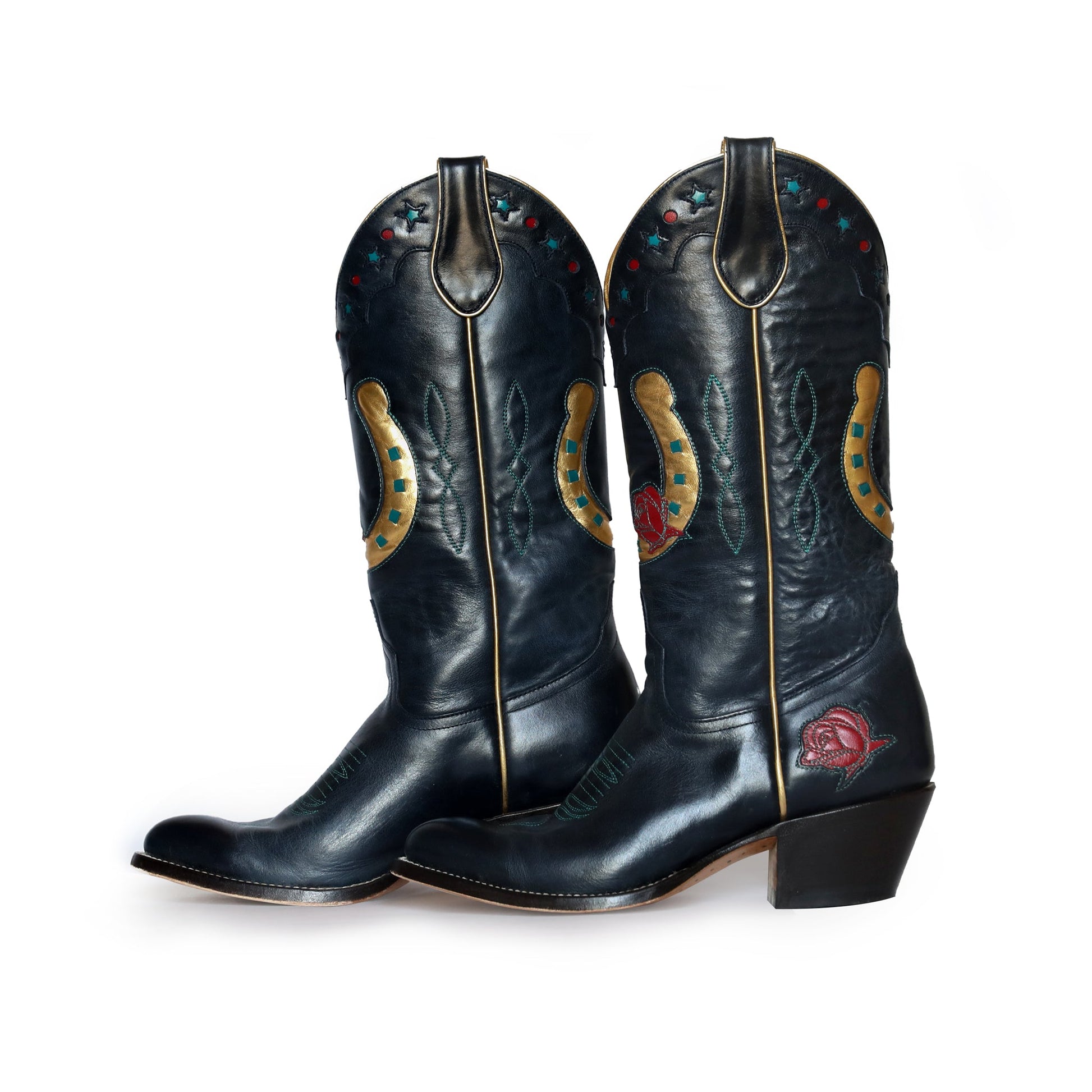 Black cowboy boots with floral & horseshoe details