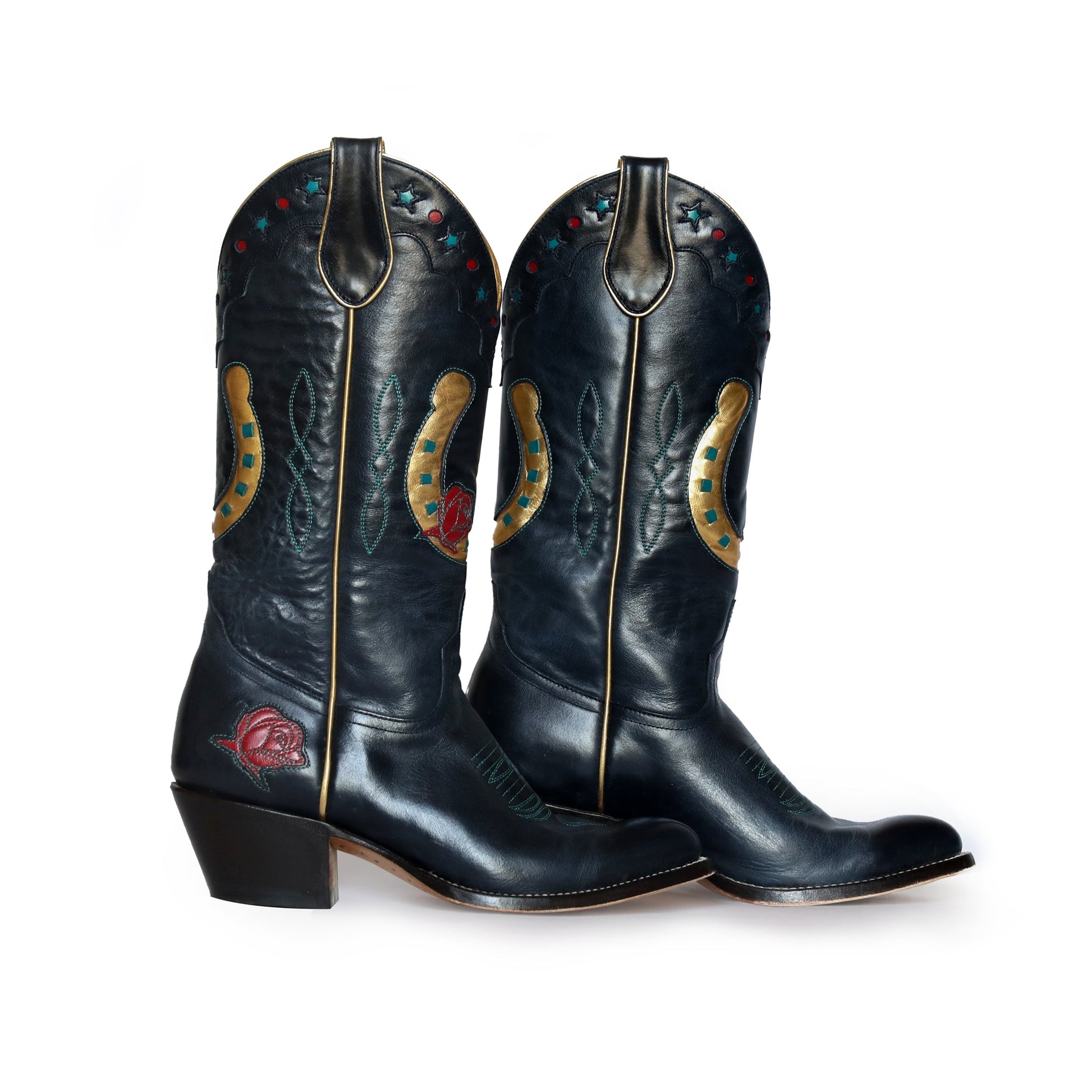 Black cowboy boots with floral & horseshoe details