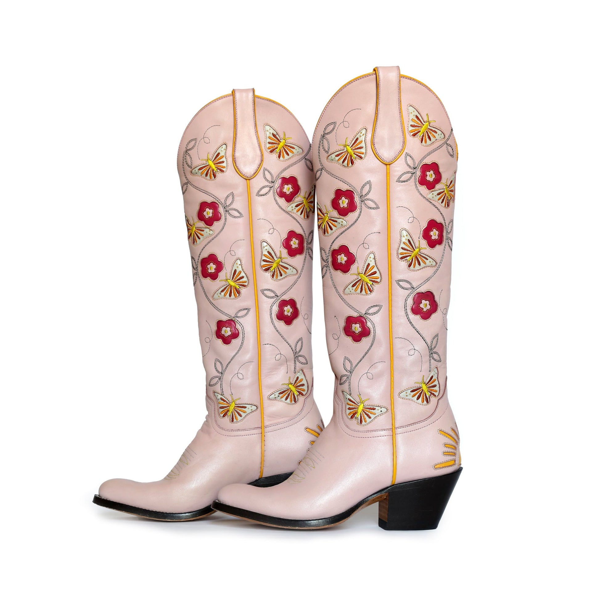 Pink Fraulein-Boot with floral & butterfly embroidery