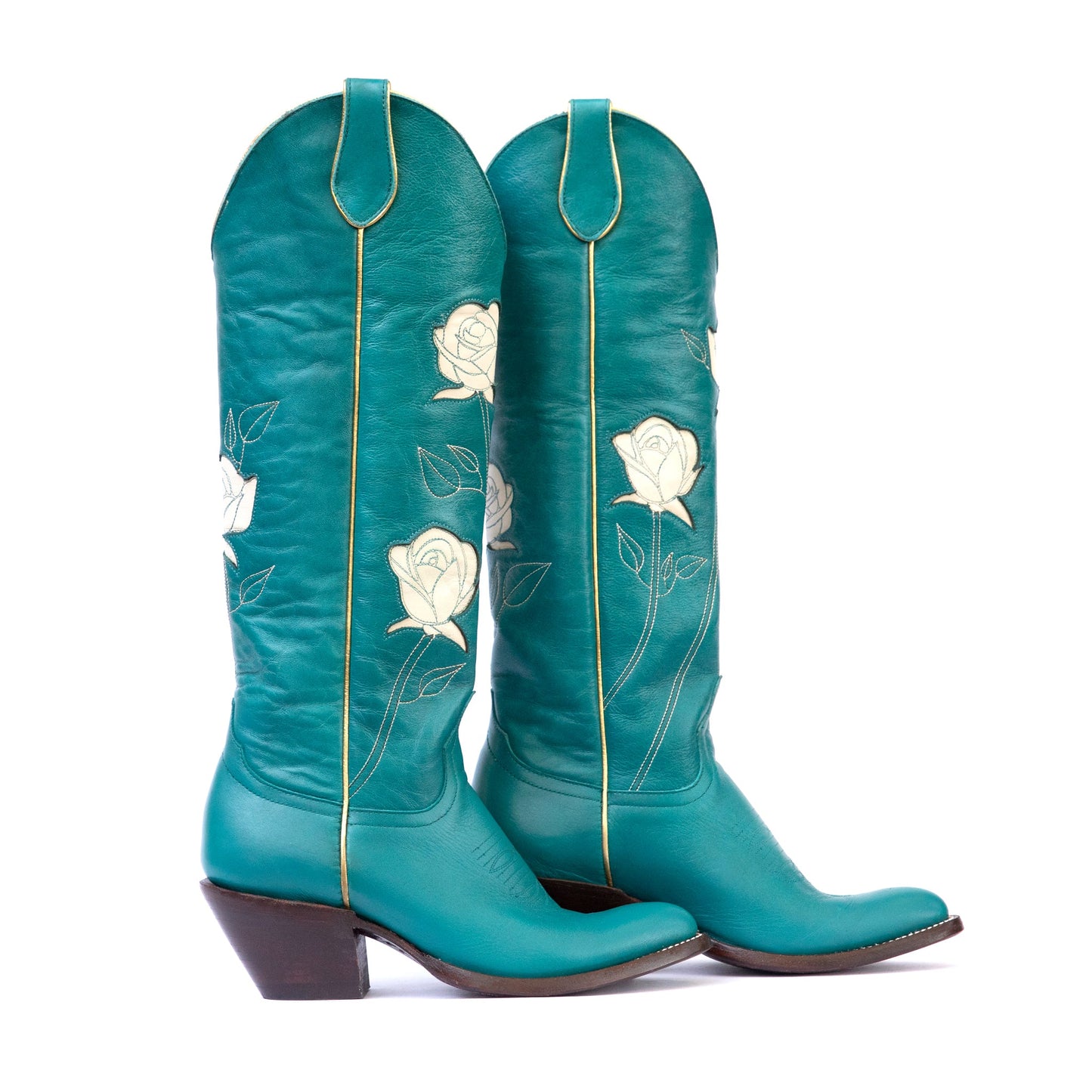Teal Fraulein Rose cowboy boots with white rose embroidery