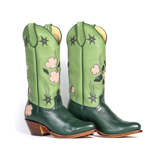 Green cowboy boots with floral embroidery